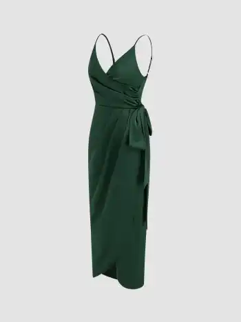 Satin V-Ausschnitt Wickel Geknotetes Maxikleid