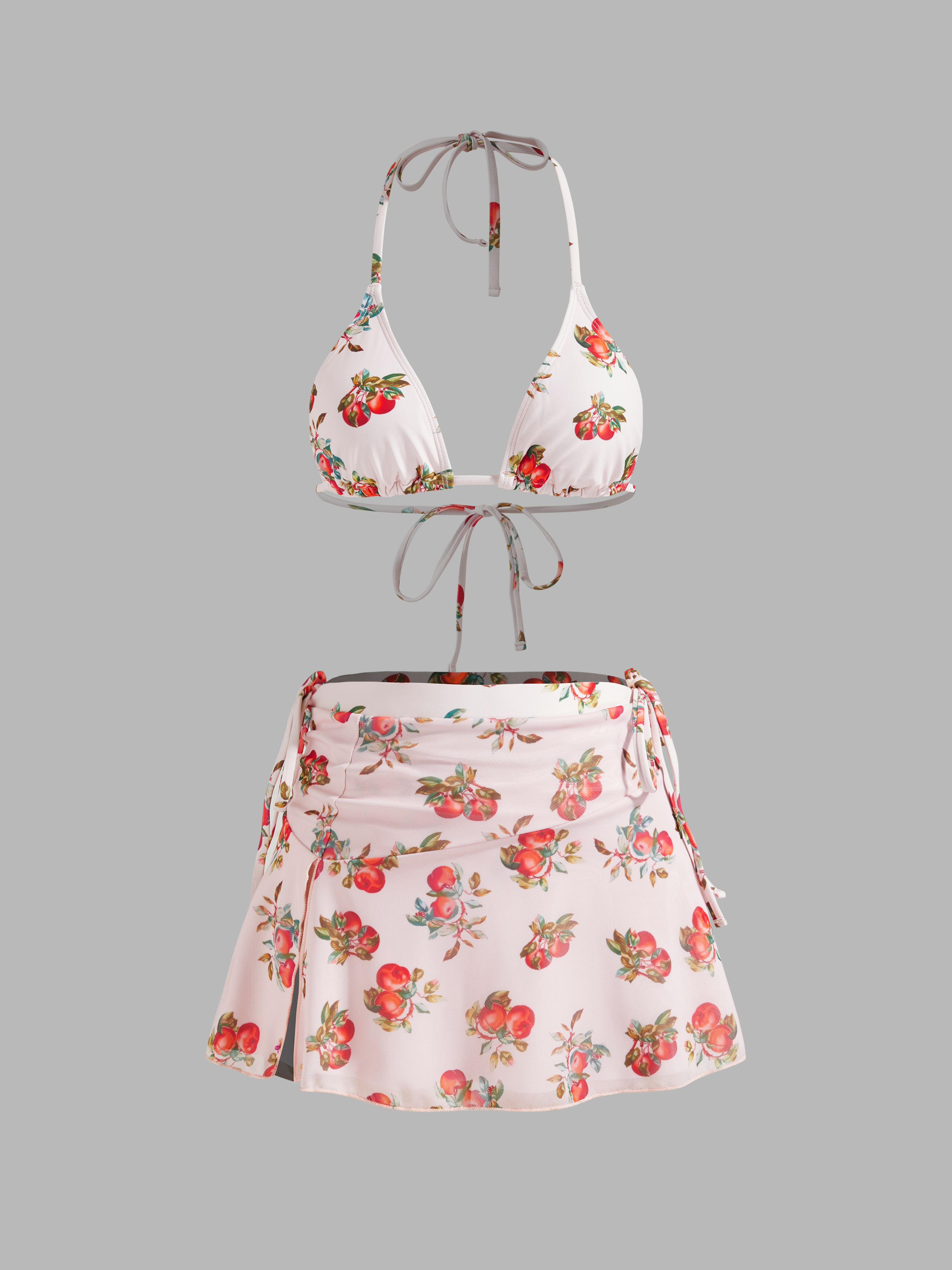 Halter Apple Graphic Tie Side Bikini Swimsuit With Split Cover Up Skirt