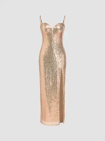 Pailletten Sweetheart Einfarbiges Maxikleid mit Schlitz