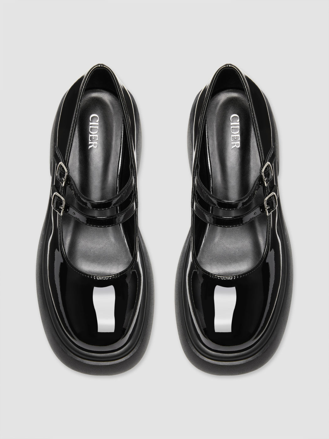 Glänzende Chunky Heeled Doppelriemen Mary Jane Schuhe