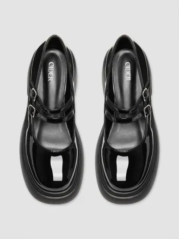 Glossy Chunky Heeled Double Strap Mary Jane Shoes