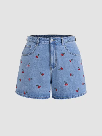 Cider Jeans Mid Rise Kirsche Stickerei Shorts Kurve & Plus