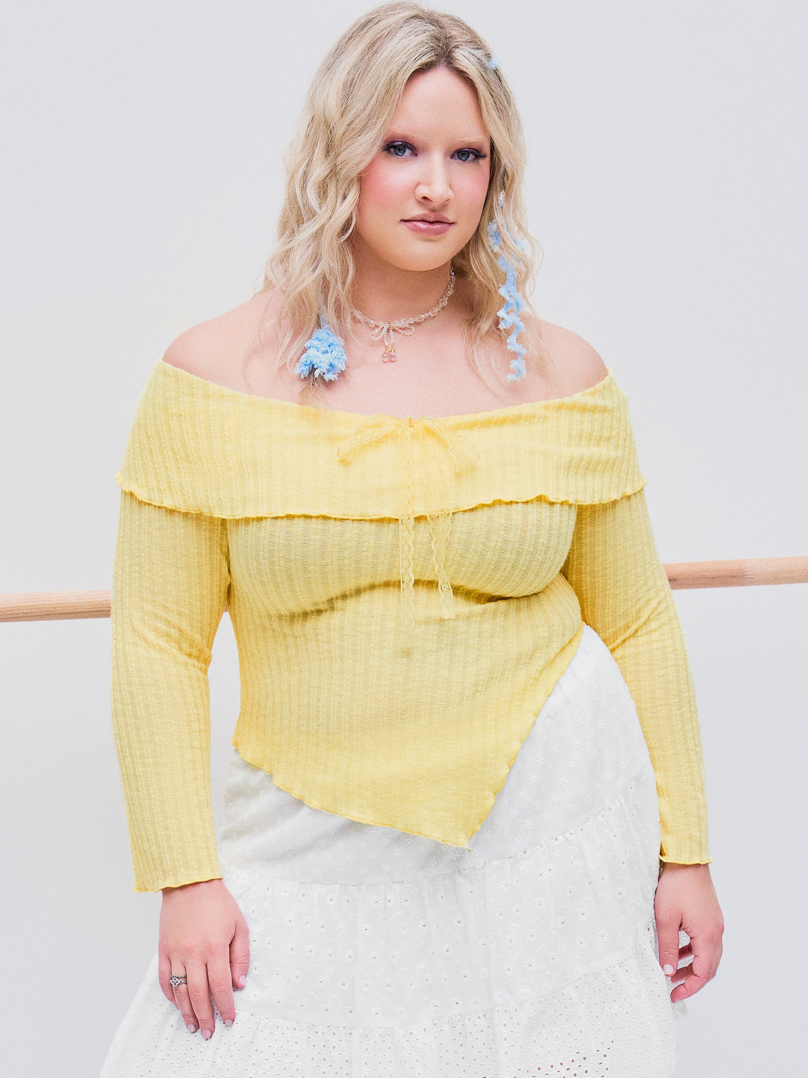 Rib Rib Off-shoulder Bowknot Long Sleeve Jersey Top Curve
