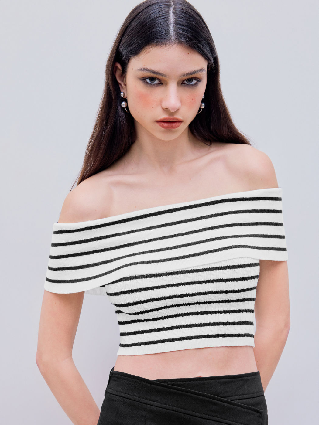 Knitted Off-shoulder Striped Crop Top