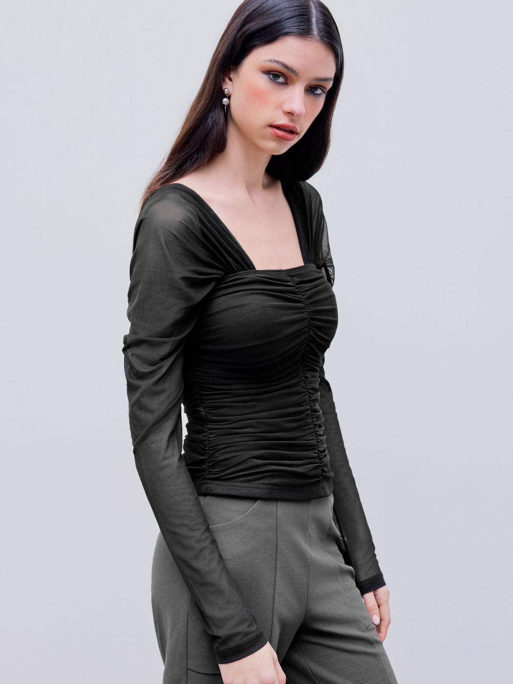 Mesh Square Neck Ruched Long Sleeve Top