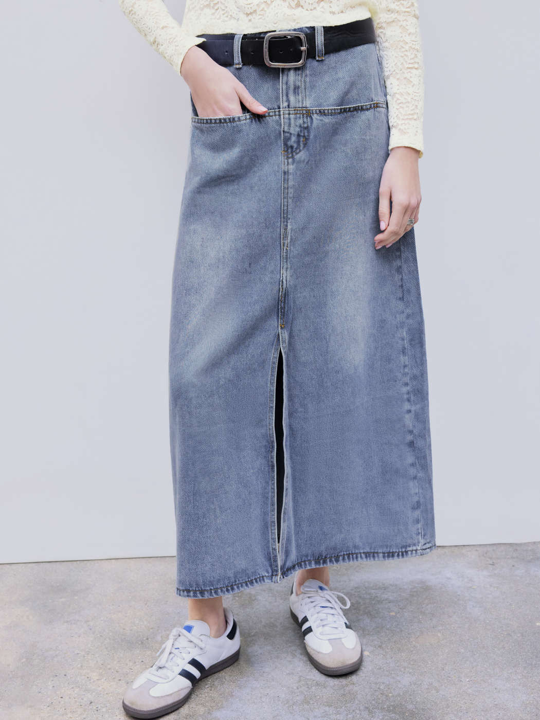 Denim Skirts Denim Cider Denim Mid Rise Split Pocket Maxi Skirt