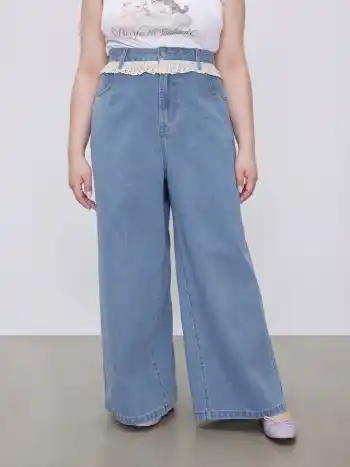 Denim Mid Rise Lace Trim Straight Leg Trousers Curve & Plus