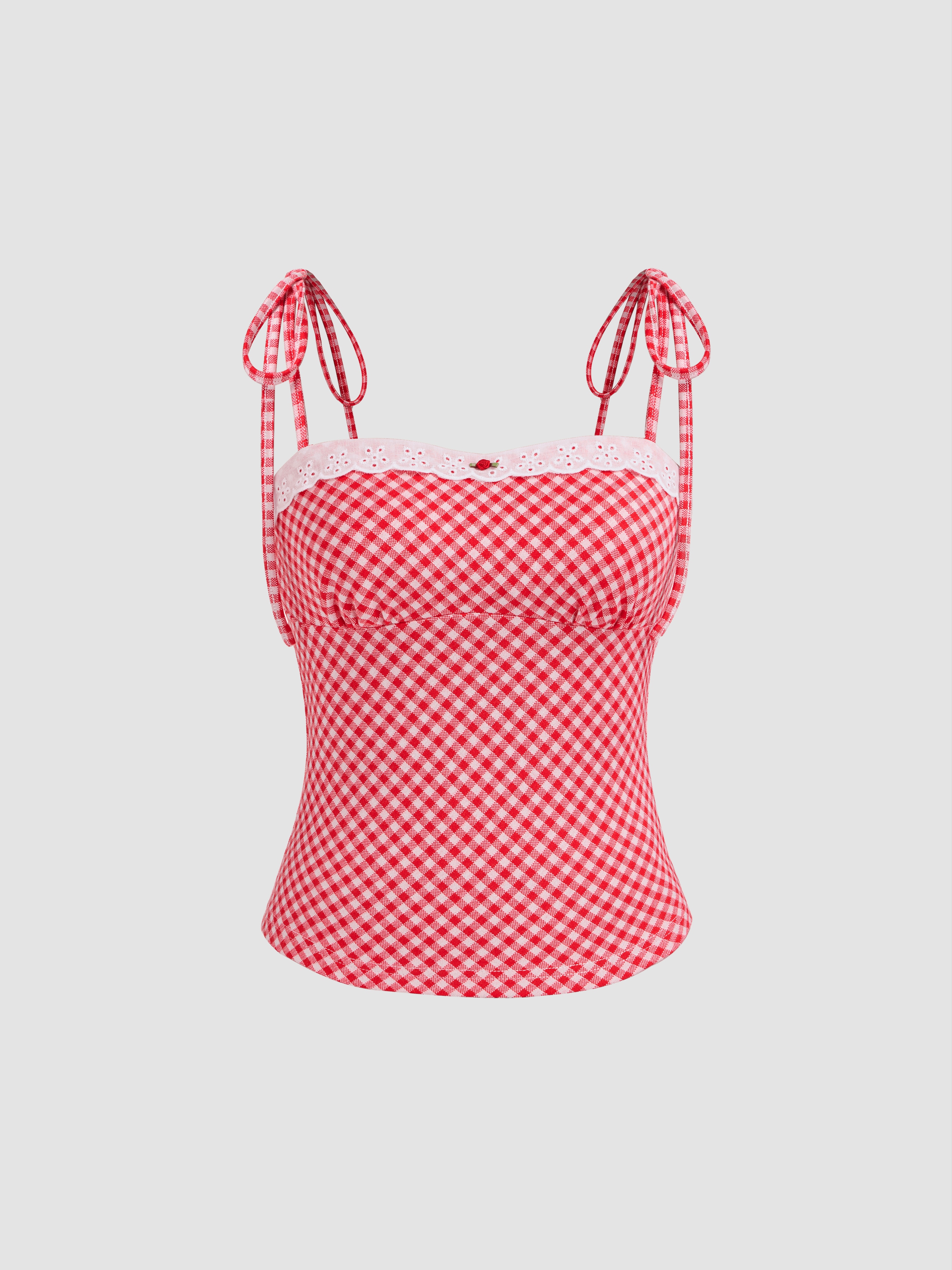 Knit Fabric Square Neck Gingham Rosette Knotted Crop Top For