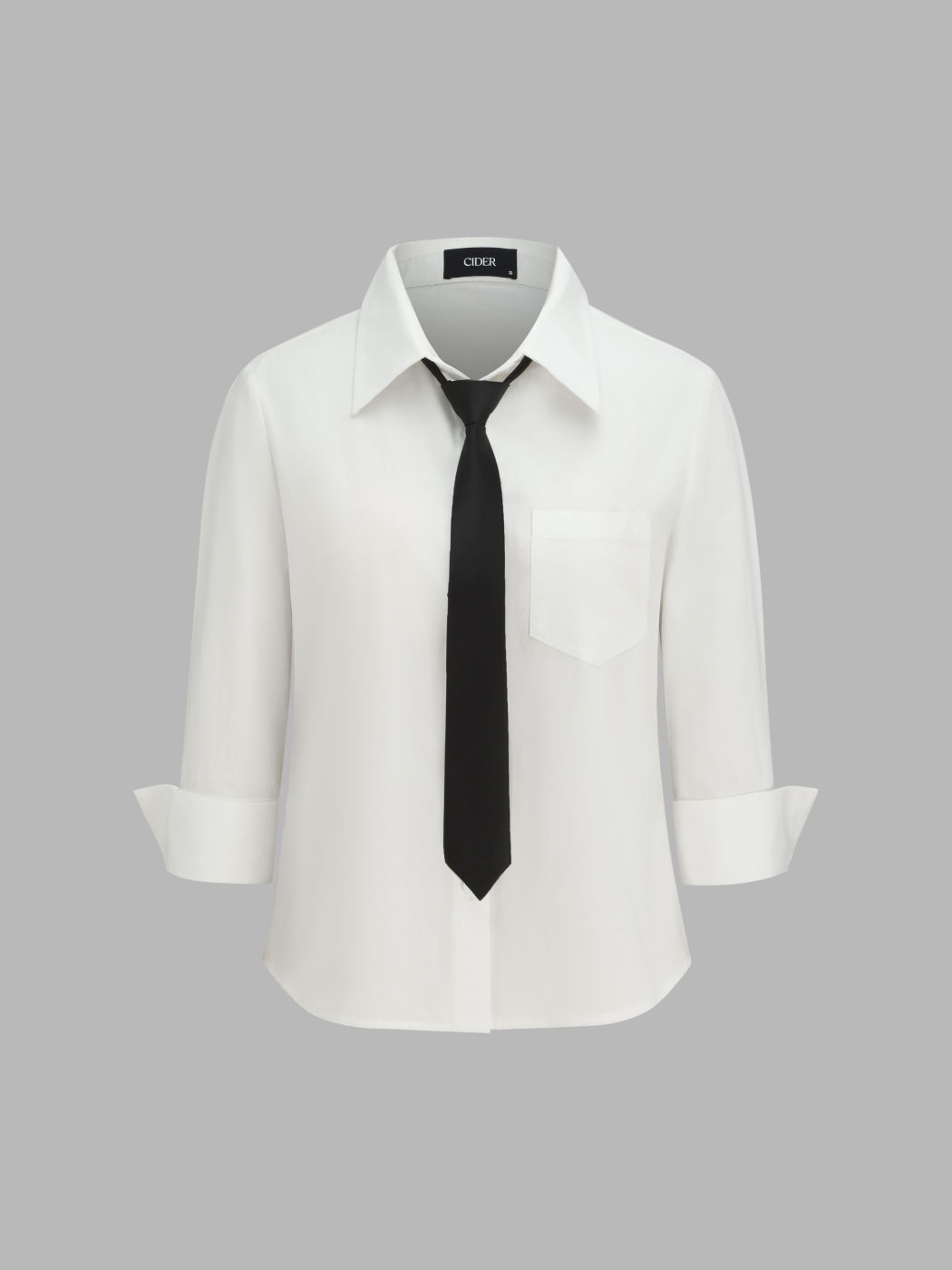 Collar Button Solid Middle Sleeve Shirt With Tie