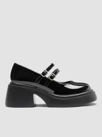 Glossy Chunky Heeled Double Strap Mary Jane Shoes