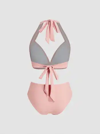 Solid Halter Tie Back Bikini Swimsuit