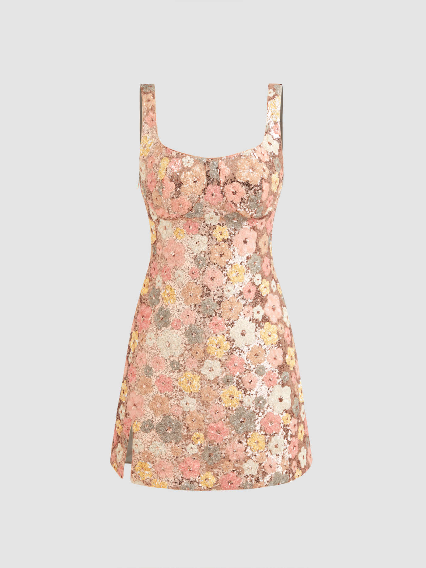 Floral Sequin Scoop Neckline Split Mini Dress