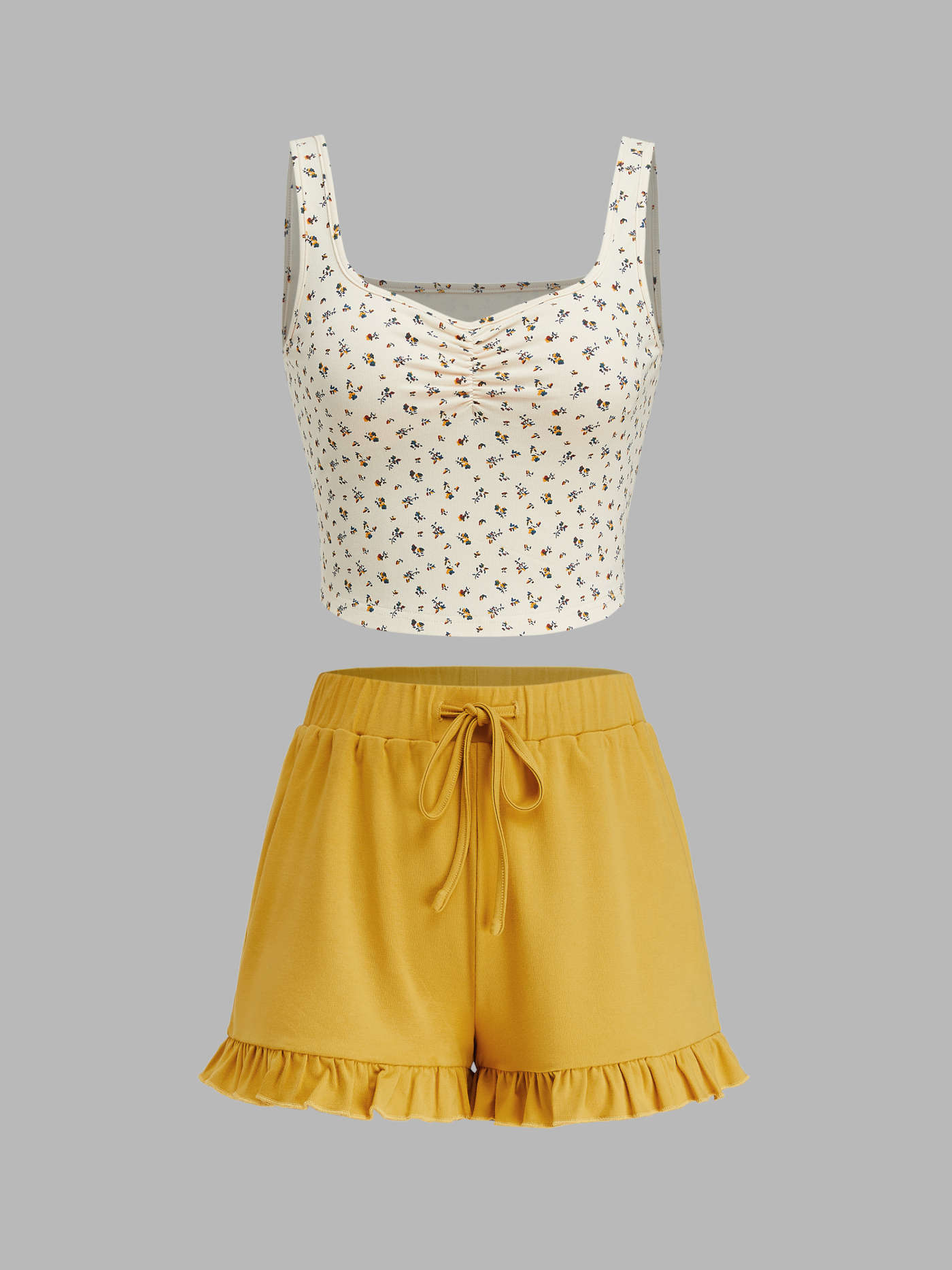 Floral Ruched Tank Crop Top & Mid Rise Solid Lettuce Trim Shorts