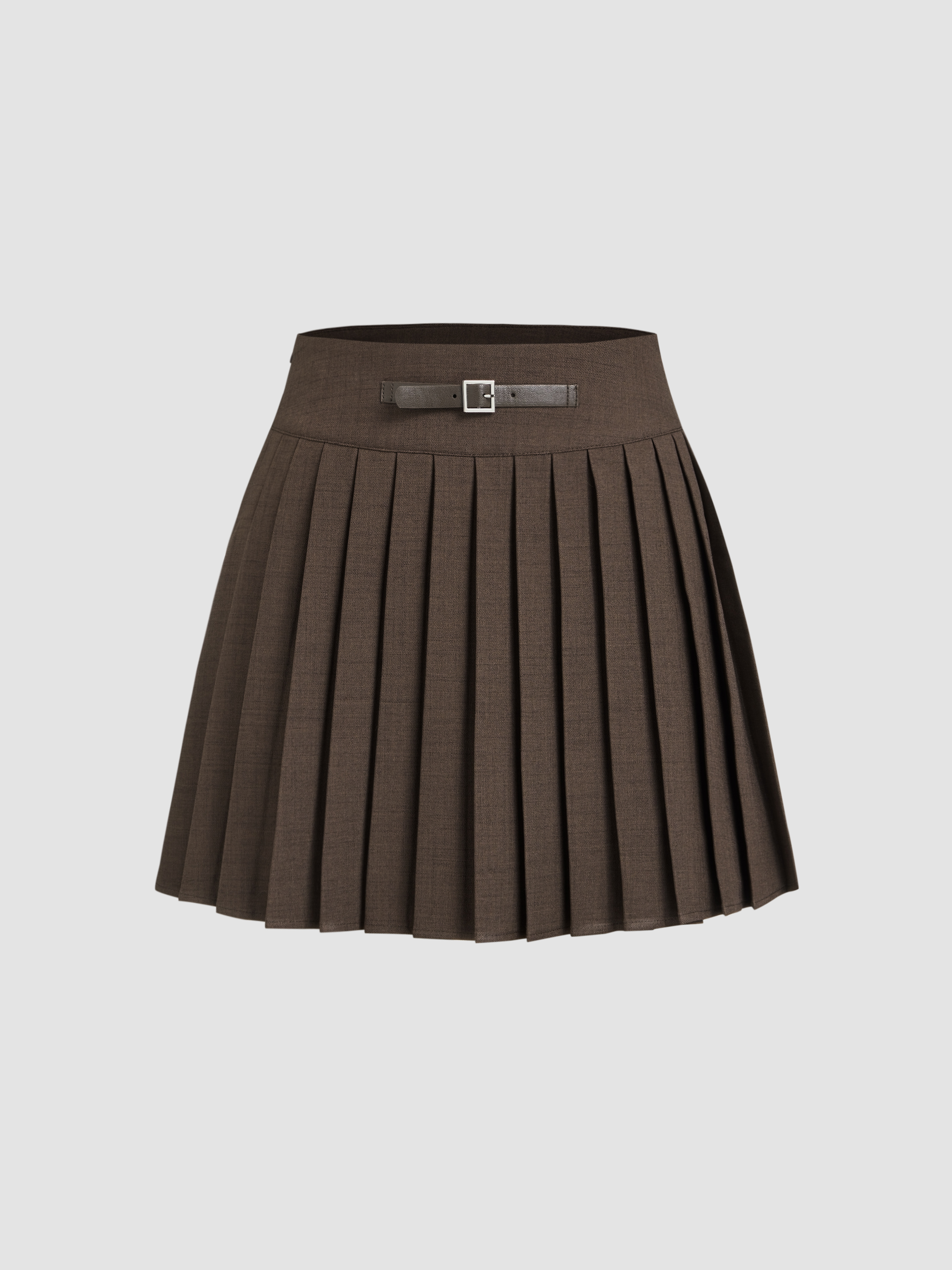 Woven Mid Rise Belted Pleated Solid Mini Skirt For School