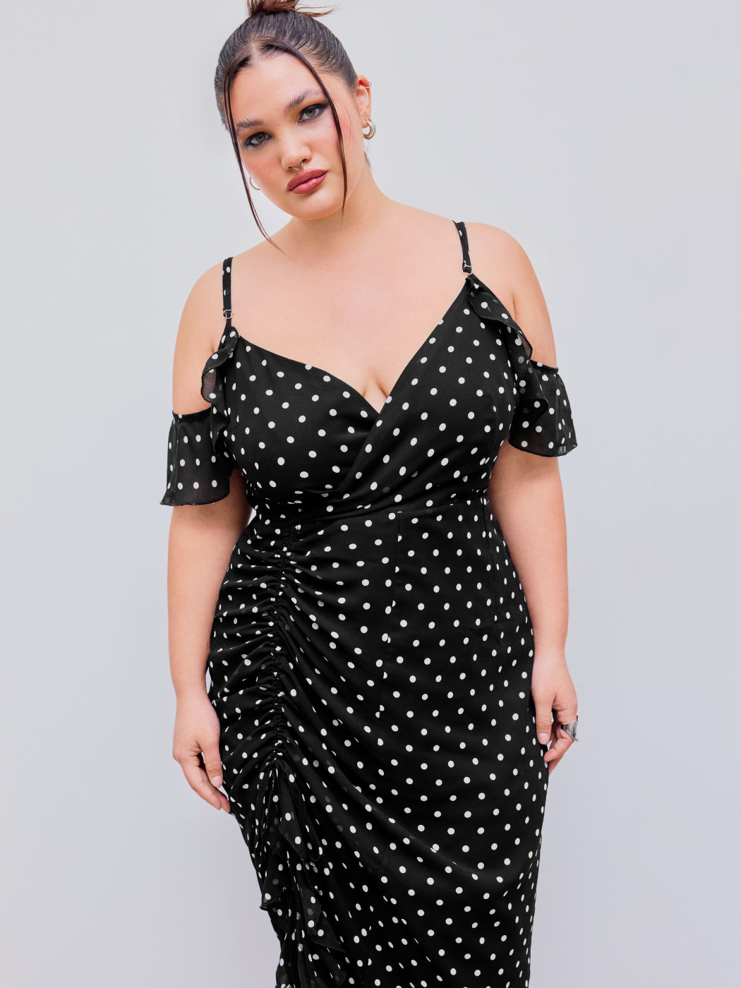 Curve Flutter Sleeve Large Polka Dot Ruched Side Maxi Dress