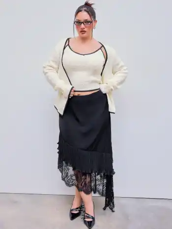 Zweiteiliges V-Ausschnitt Einfarbiges Gerafftes Cami-Top & Langärmliger Strickjacken Kurve & Plus