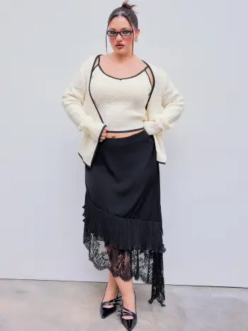  Zweiteiliges V-Ausschnitt Einfarbiges Gerafftes Cami-Top & Langärmliger Strickjacken Kurve & Plus