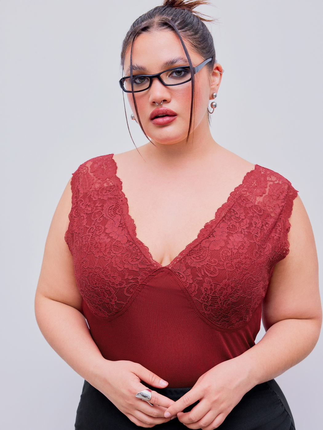 Lace V-neck Solid Bodysuit Curve & Plus