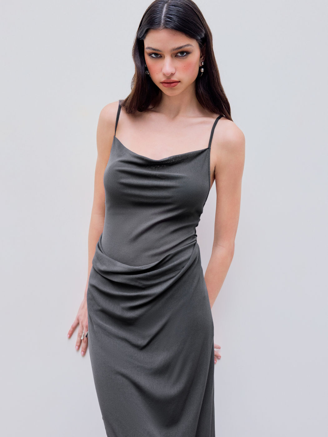 Mesh Asymmetrical Hem Ruched Midi Dress