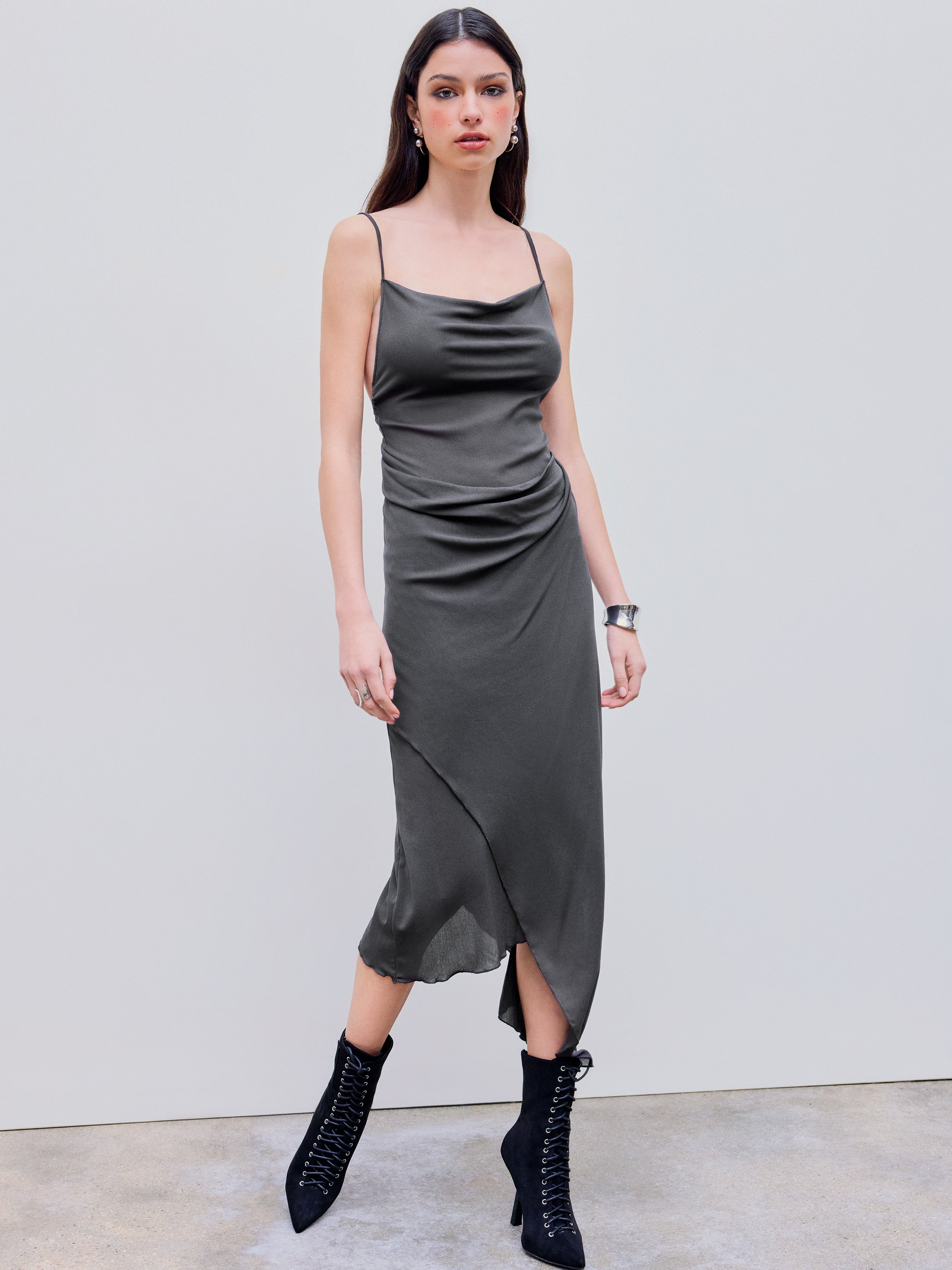 Mesh Asymmetrical Hem Ruched Midi Dress by Cider