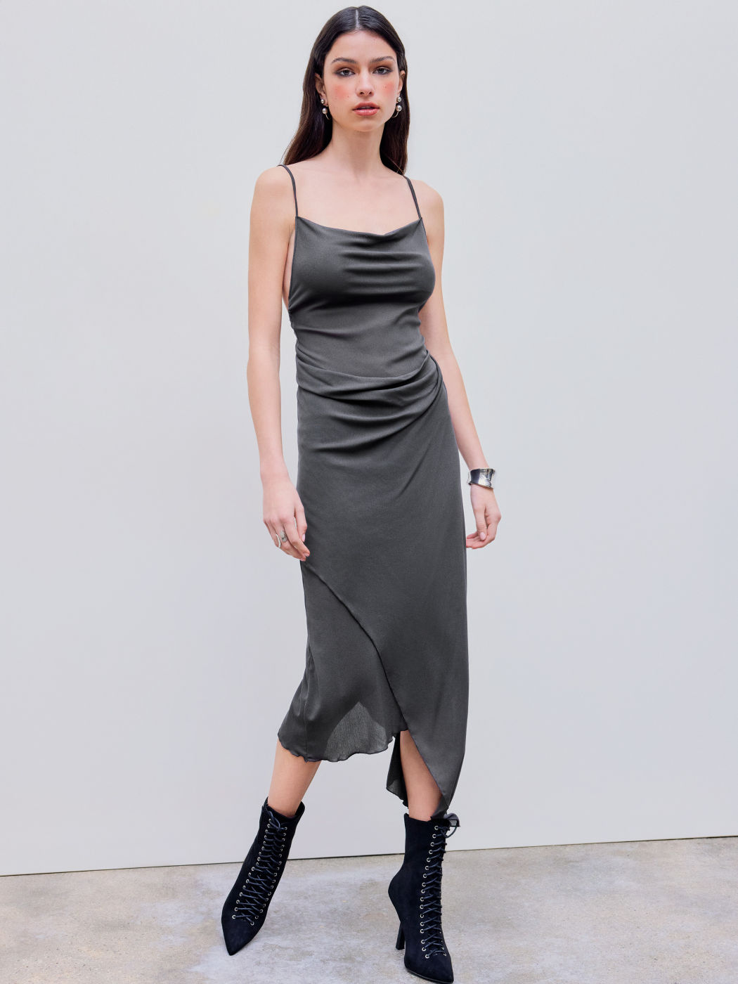 Mesh Asymmetrical Hem Ruched Midi Dress