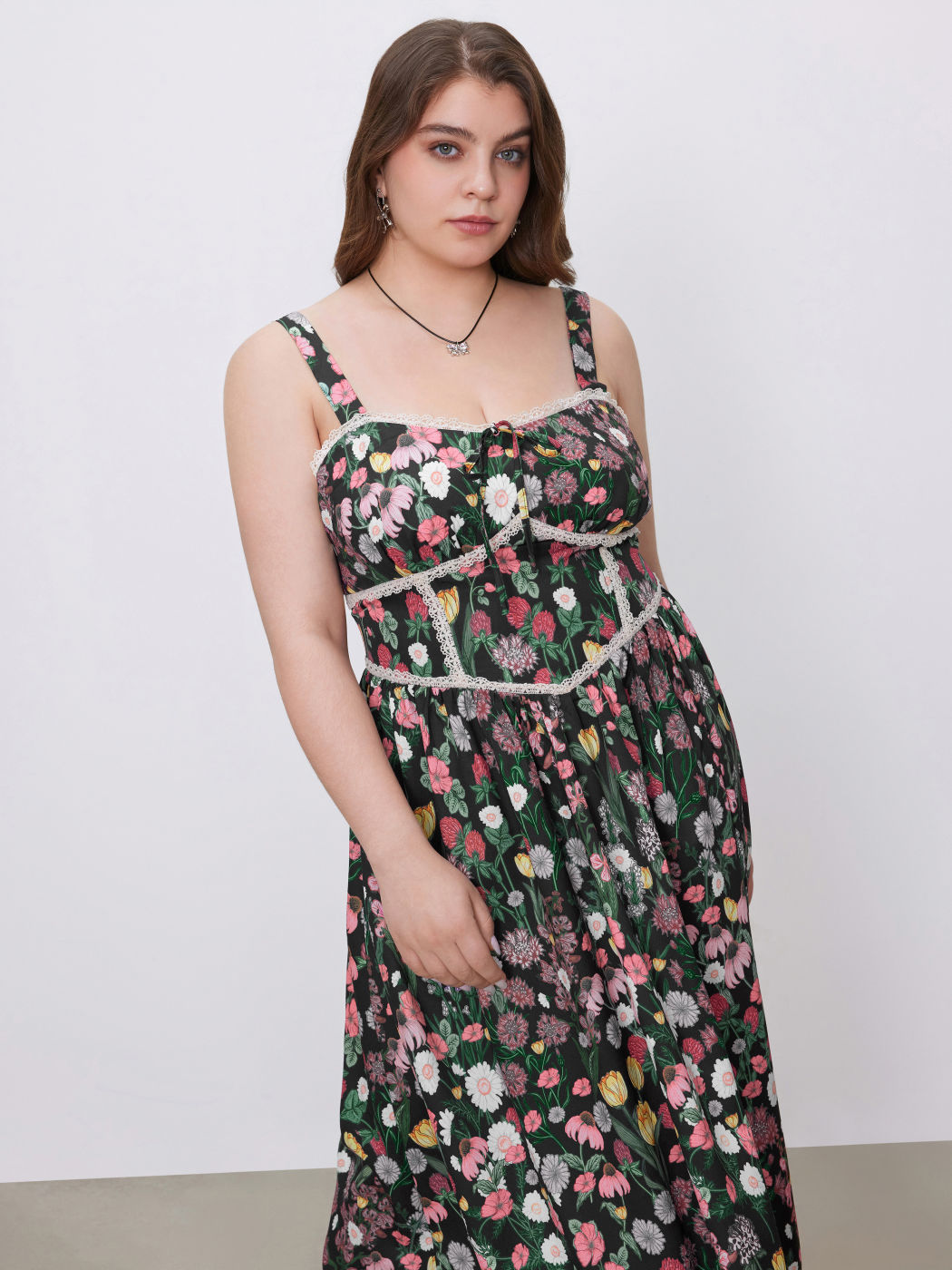 Floral Lace Trim Ruffle Maxi Dress Curve & Plus