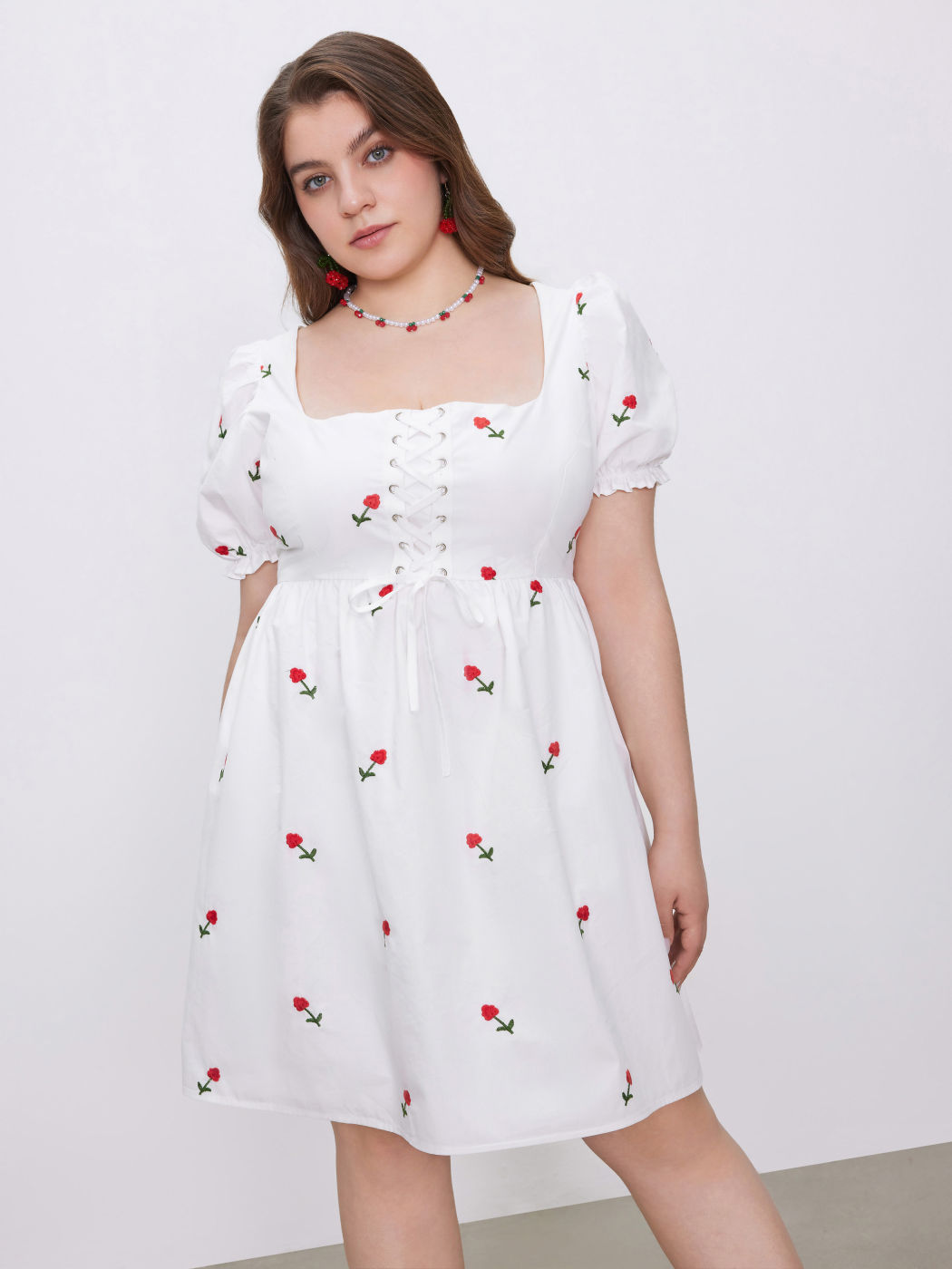 Square Neck Floral Lace Up Mini Dress Curve & Plus