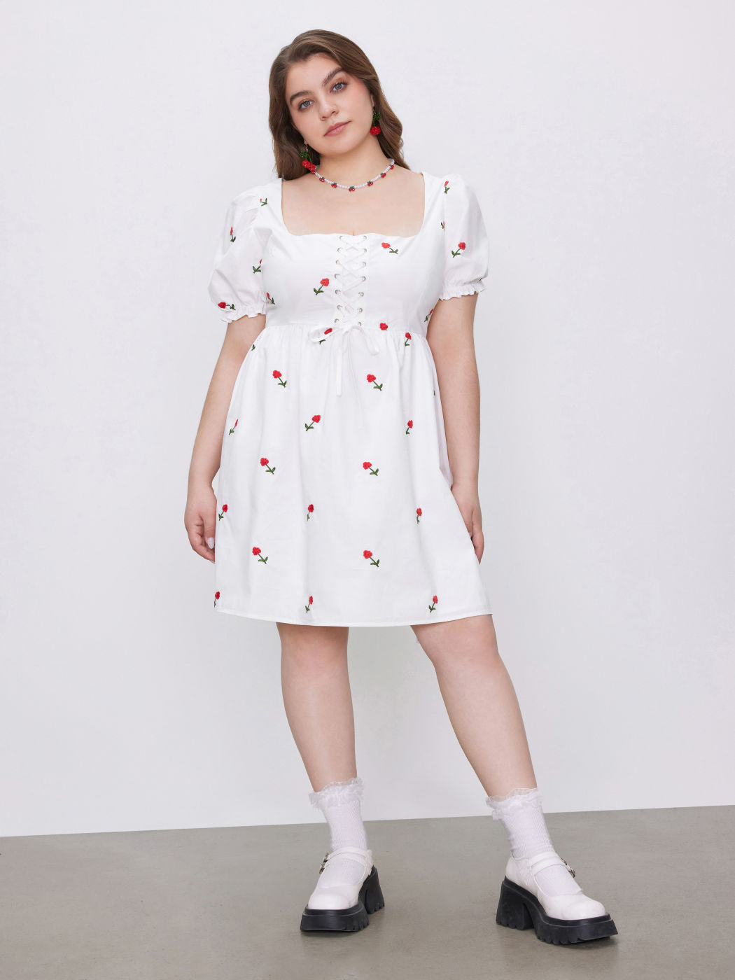 Square Neck Floral Lace Up Mini Dress Curve & Plus