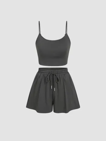 U-Halsausschnitt Crop Cami Oberteil & elastisches Weitbein Shorts Set