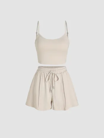 U-Halsausschnitt Crop Cami Oberteil & elastisches Weitbein Shorts Set