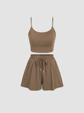 U-Halsausschnitt Crop Cami Oberteil & elastisches Weitbein Shorts Set