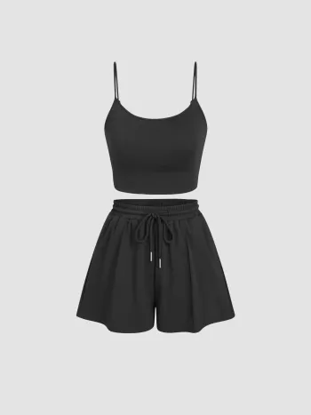 U-Halsausschnitt Crop Cami Oberteil & elastisches Weitbein Shorts Set