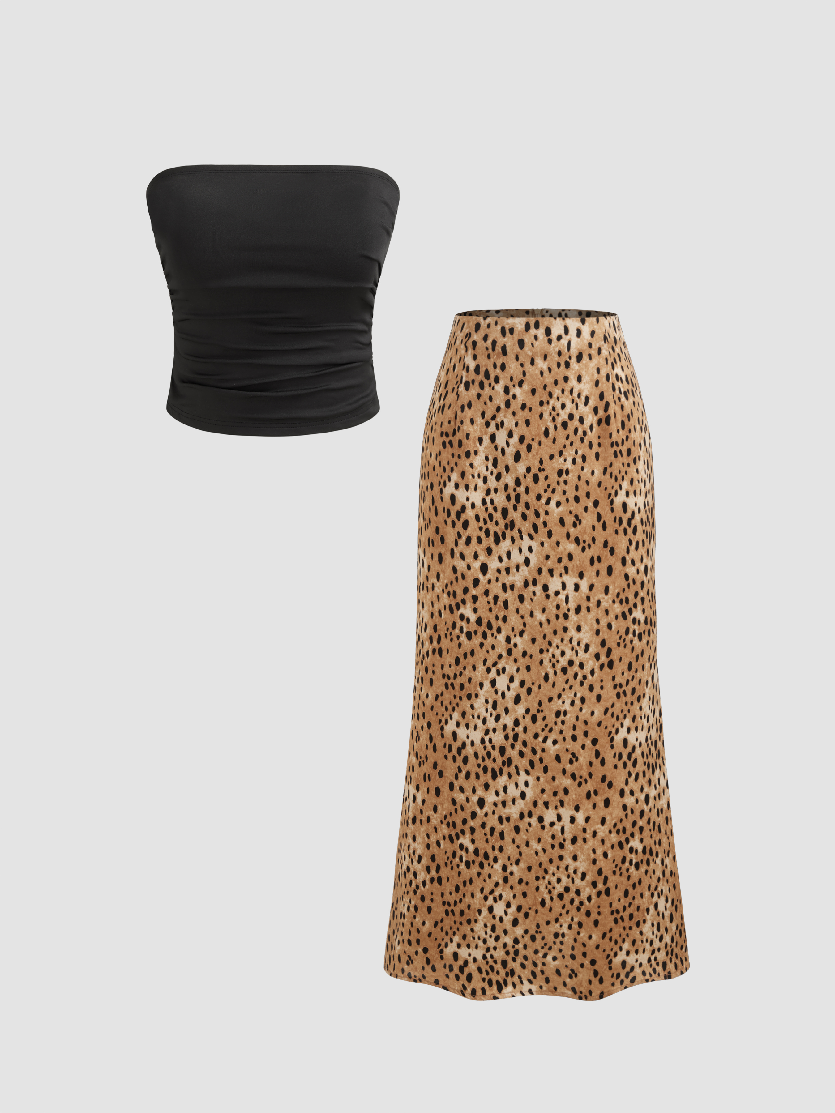 Woven Woven Ruched Crop Tube Top & Leopard Maxi Skirt For Date