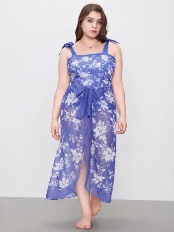 Einteiler Badeanzug mit Quadratischem Ausschnitt, Schleifenknoten, Blumenmuster & Sarong Kurve & Plus