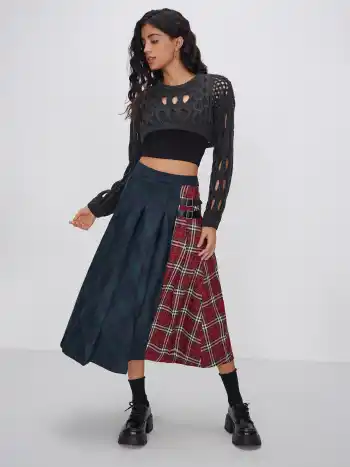 Strick Rundhalsausschnitt Hollow Out Langarm Crop Top