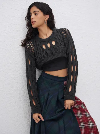 Strick Rundhalsausschnitt Hollow Out Langarm Crop Top