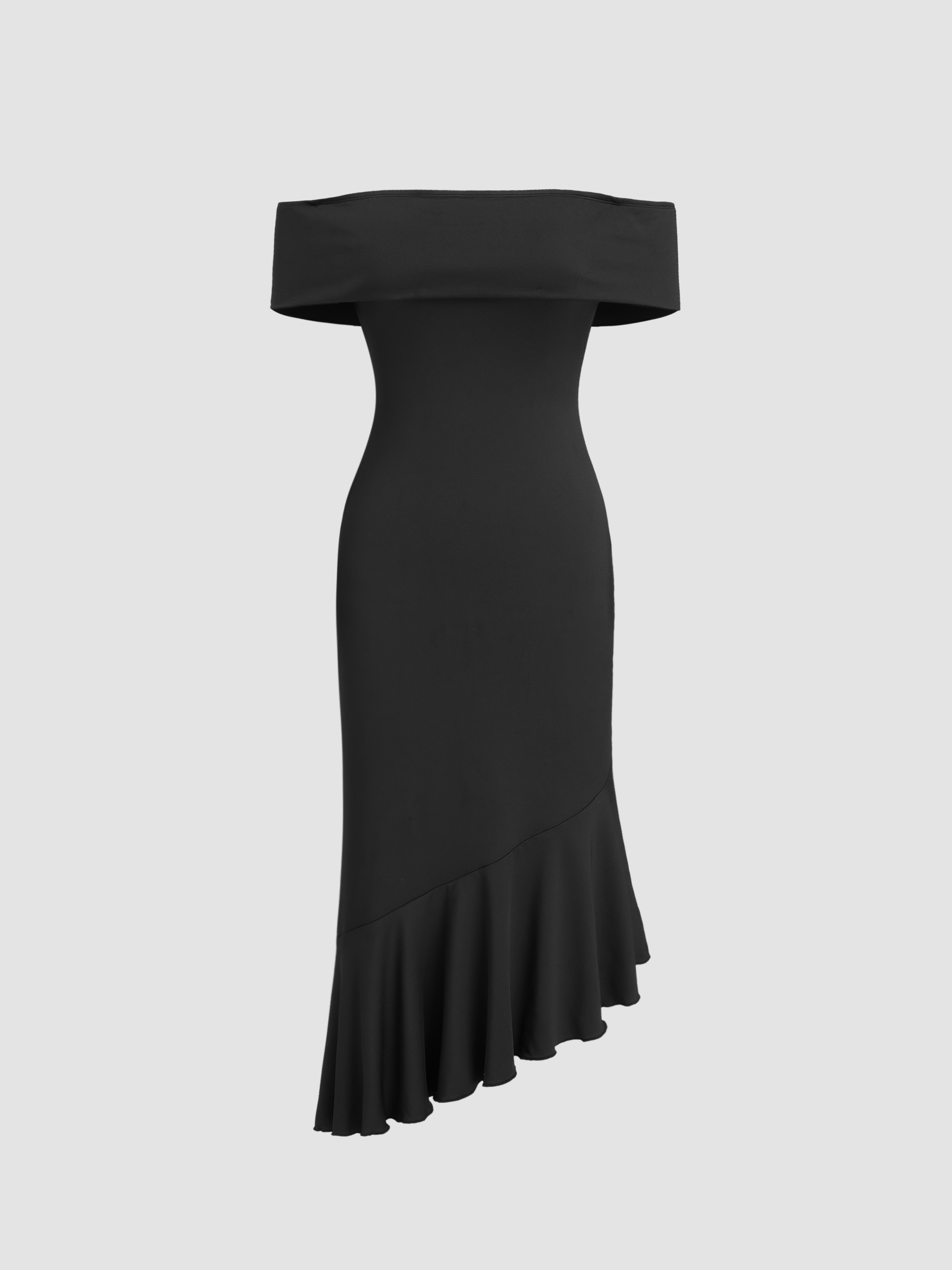 Wedding Guest Dress Off-shoulder Solid Asymmetrical Hem Midi Dress For Date