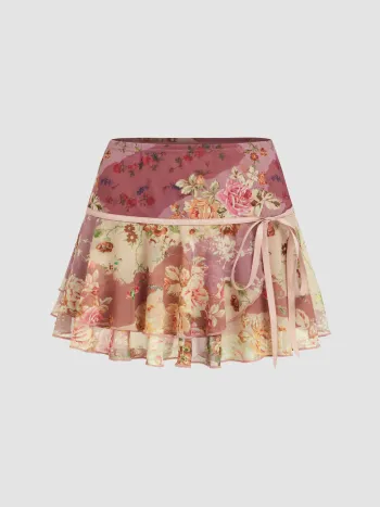 Mesh Niederliegender Blumen-Bowschleife Rüschensaum Mini-Skirt