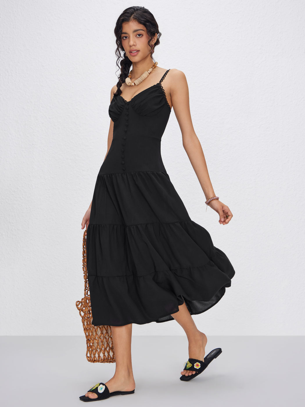 Woven V-neck Solid Ruffle Hem Midi Dress