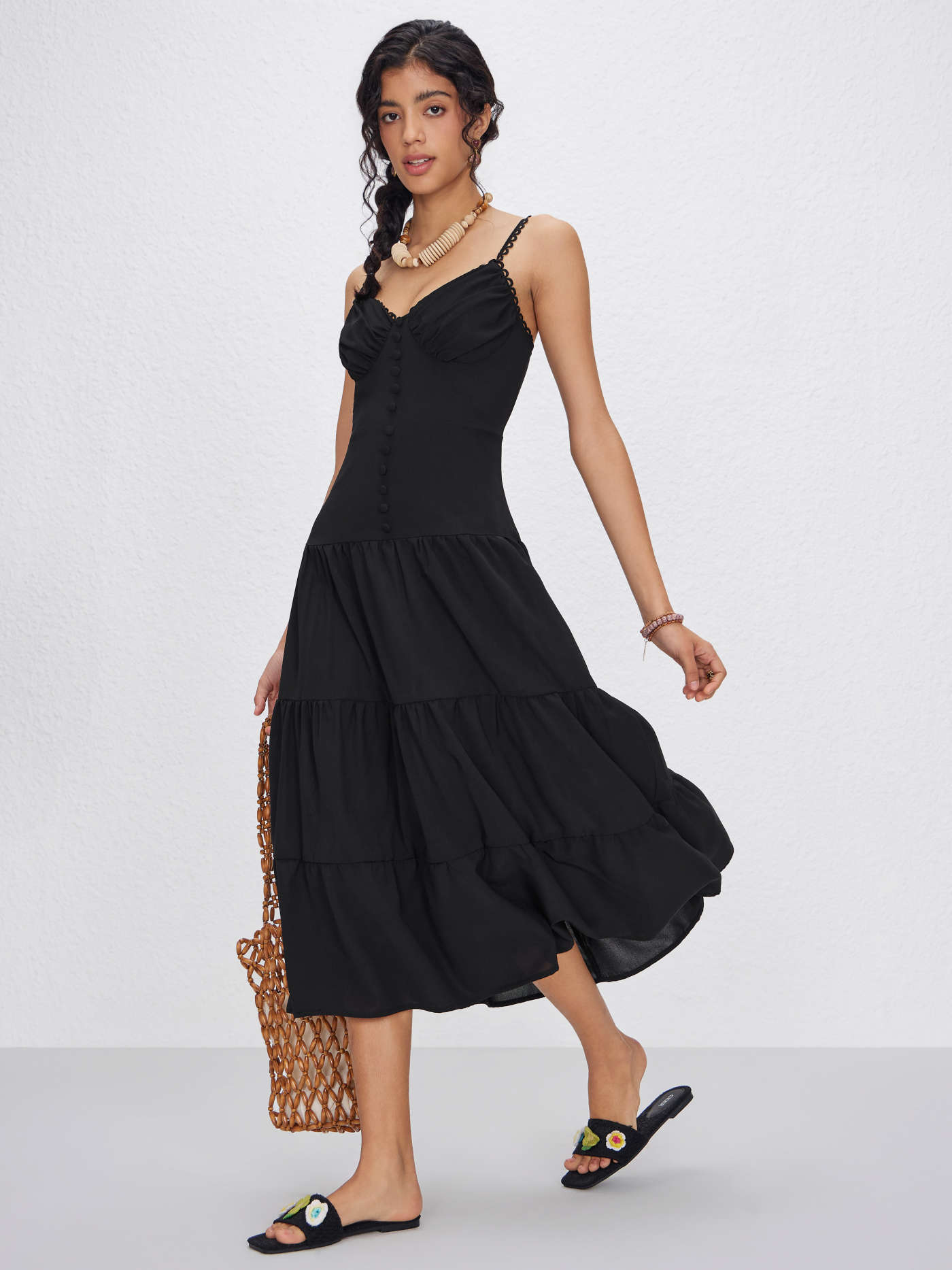 Wedding Guest Dress Woven Woven V-neck Solid Ruffle Hem Midi Dress For Date Vacation