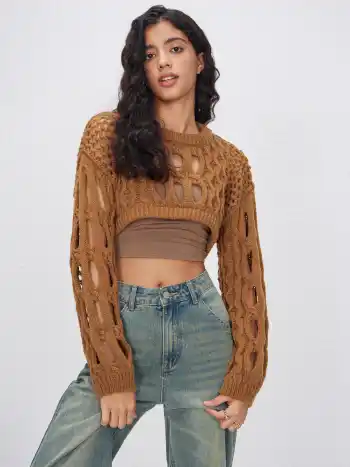 Strick Rundhalsausschnitt Hollow Out Langarm Crop Top