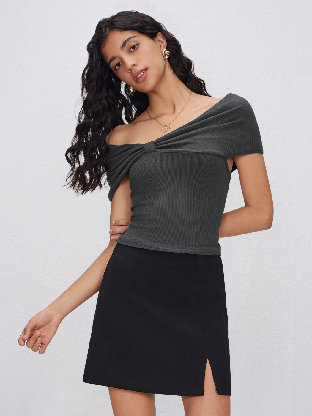 Asymmetrical Neck Short Sleeve Crop Top