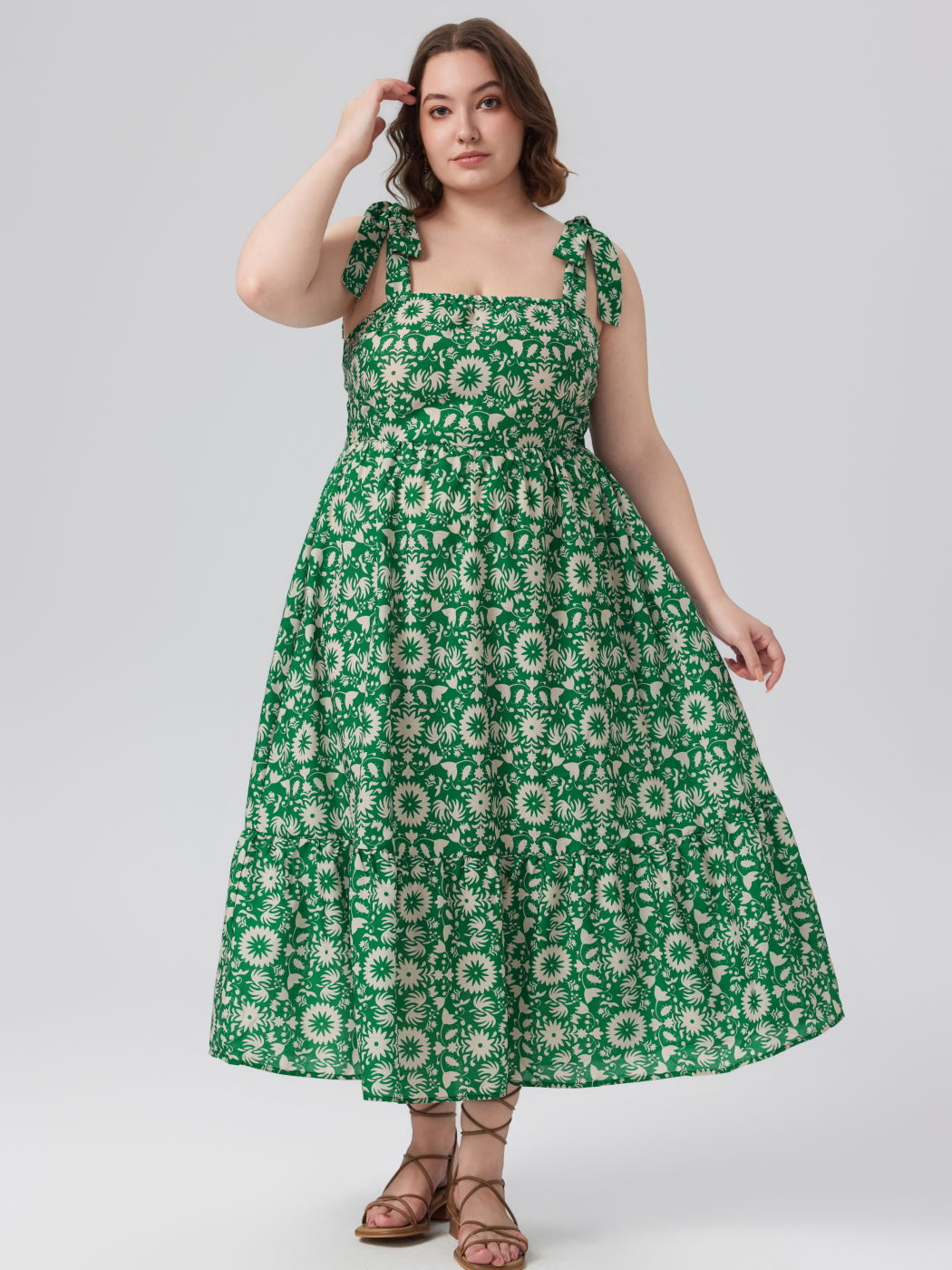 Geometric Floral Ruffle Knotted Midi Dress Curve & Plus
