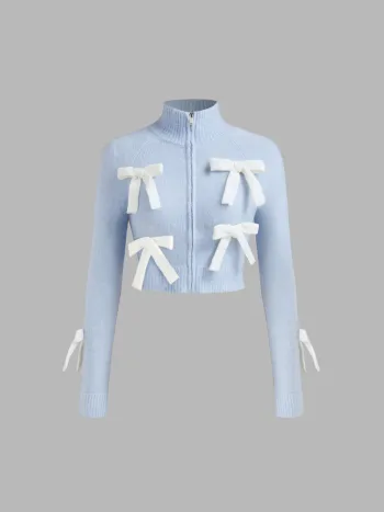 High Neck Bowknot Knitted Cardigan