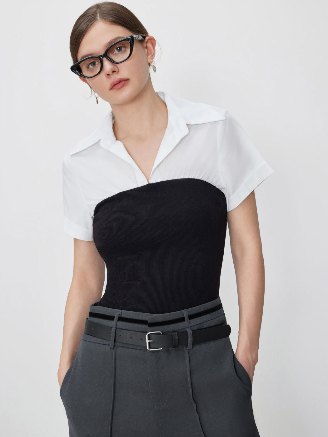 Collar Two Tone Patchy Short Sleeve Shirt