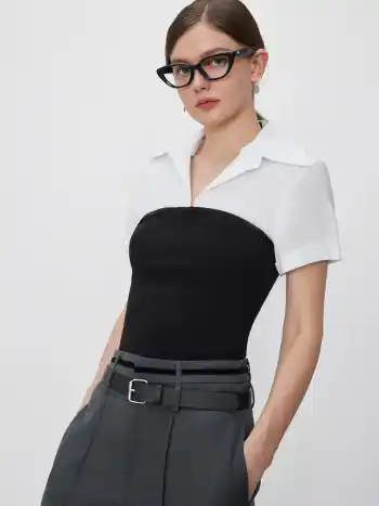 Collar Two Tone Patchy Short Sleeve Shirt