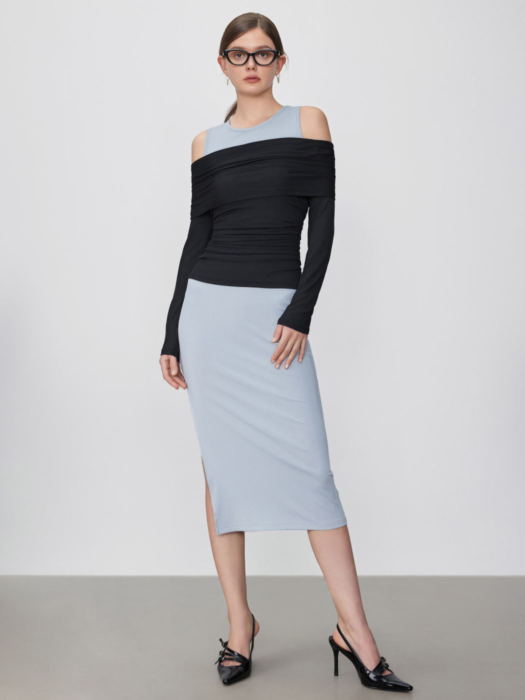 Off-shoulder Long Sleeve Top & Split Maxi Dress