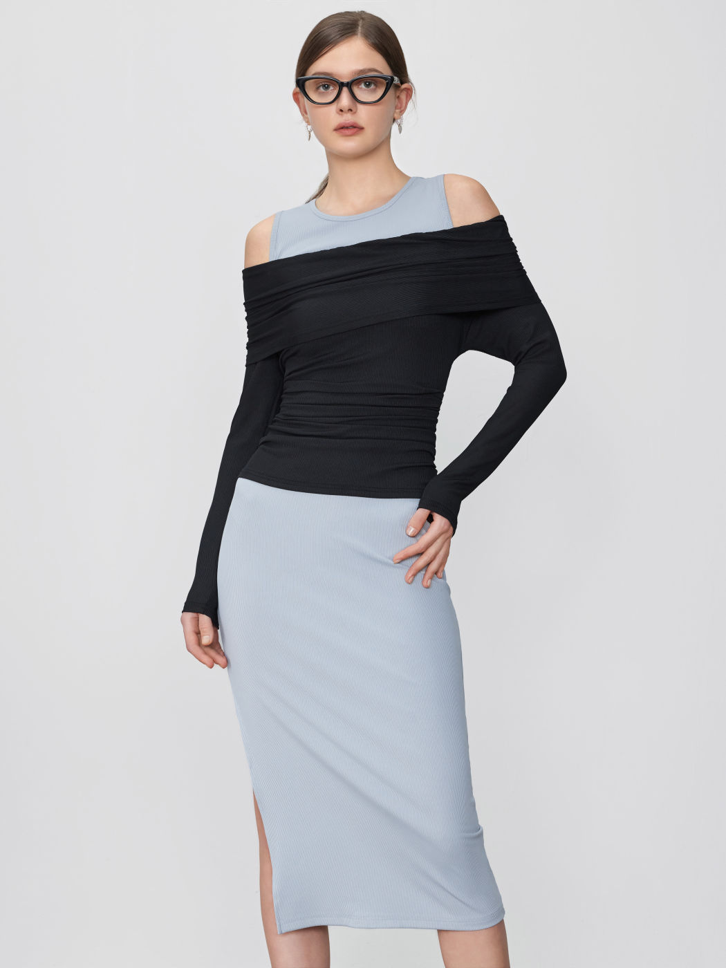 Off-shoulder Long Sleeve Top & Split Maxi Dress