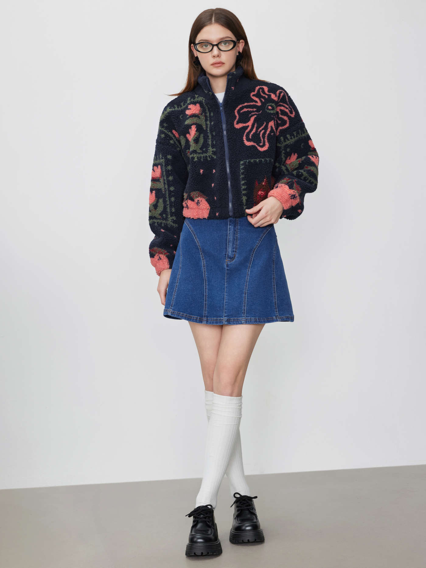 Fleece High Neck Graphic Zipper Jacket