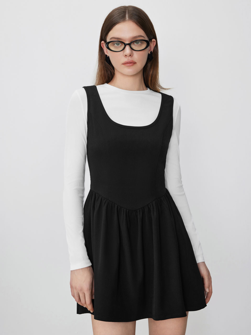 Round Neckline Solid Long Sleeve Tee & Ruffle Mini Dress